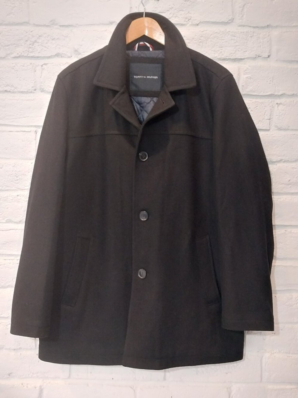 Tommy Hilfiger Mens M 46 Pea Coat Wool Blend Black Button Front Waffle Lined